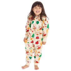 18C1075: Kids All Over Print Christmas Plush Onesie- Cream (2-6 Years)